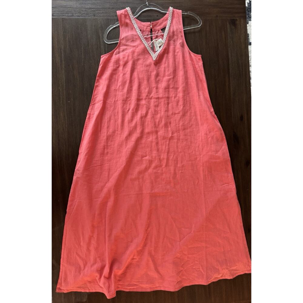 Calypso St Barth Maxi Dress Women’s Medium Linen Blend Coral Pink Beaded New - Picture 11 of 13